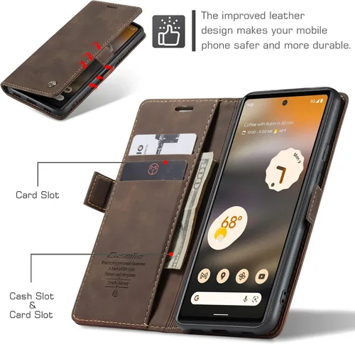 Vista 3 de Kowauri Funda para Google Pixel 6A, diseño clásico de piel con cierre magnético, con ranura para tarjetero, a prueba de golpes, funda protectora Café