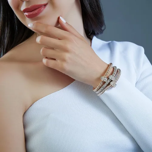 Vista 4 de Pulsera de oro de 14 quilates, plata y oro rosa, 3 piezas, pulsera de cadena de maíz, pulsera elástica de múltiples capas de cristal, pulseras