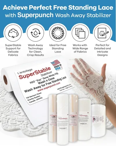 Vista 8 de Superpunch Estabilizador de lavado, SuperStable H2O Eau Gone White FSL rollo de 12 pulgadas x 10 yardas, estabilizador de bordado a máquina, lavado