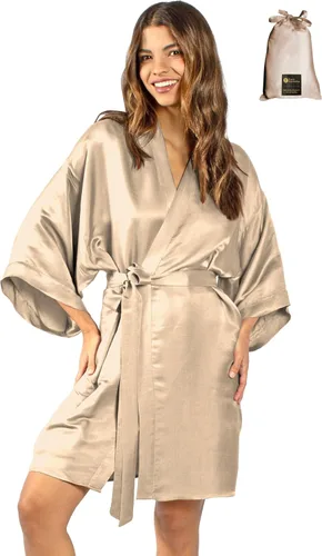 Vista 9 de Tara Sartoria Luxury Artisan Silk Kimono Robe for Women, Short, Washable, XS–4XL, Oprah Daily 2025 Negro