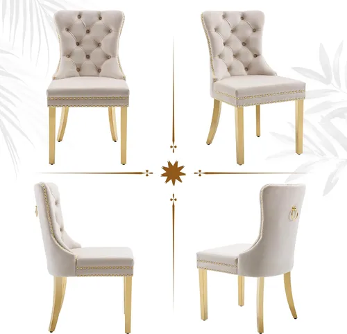 Vista 7 de Juego de 2 sillas de comedor de terciopelo beige, elegantes capitoné