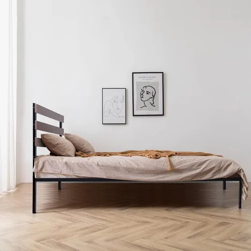 Vista 7 de KOMFOTT Base de cama de metal de tamaño individual con cabecero de madera y tablillas, base de colchón de plataforma de hierro de alta gama de 15.5