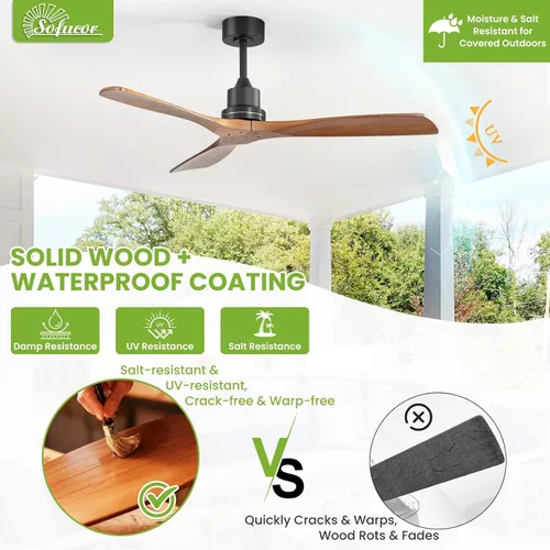 Vista 9 de Sofucor - Ventilador de techo de 52 pulgadas sin luces, moderno, de madera maciza, con control remoto, 5000 CFM de alto flujo de aire, motor CC