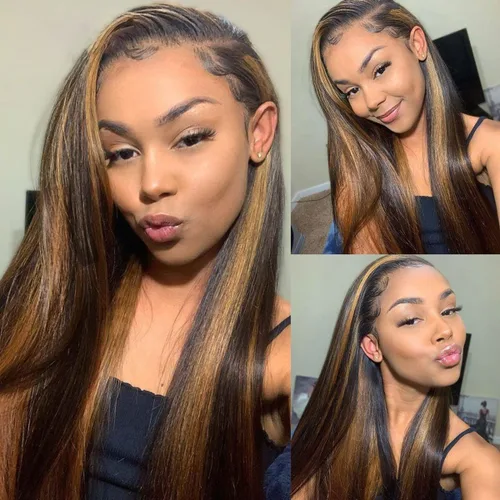 Vista 7 de Extensiones de cabello humano marrón con reflejos de Haha con cierre, extensiones lisas con cierre ombre, extensiones de cabello humano con cierre