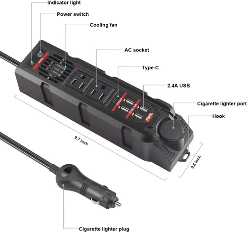 Vista 2 de Inversor de corriente para automóvil de 200 W CC 12 V a 110 V CA – Dos salidas de CA, 4 USB-A (4.8 A) y 18 W USB-C PD carga rápida, enchufe extra