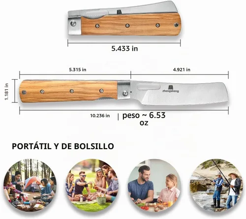 Vista 5 de ZhengSheng Cuchillo de chef plegable 4.8" Ultra afilado con hoja de acero inoxidable 440A, mango de oliva natural, cuchillo de cocina estilo japonés