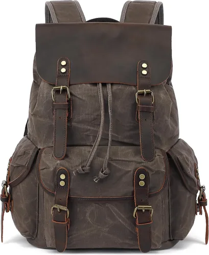 Vista 10 de HuaChen Mochila vintage de lona encerada con solapa de cuero genuino, mochila de viaje y trabajo, resistente al agua con bolsillo antirrobo, grande