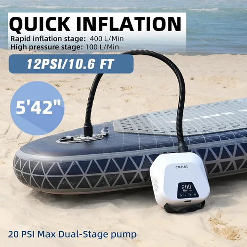 Vista 10 de CYCPLUS Smart SUP Air Pump, 20PSI, 38.48Wh Battery, Inflation & Deflation Compact size, 1.14kg, Auto-Off, 7 Nozzles, Air Pump for Stand Up Paddle