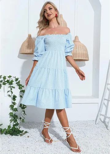 Vista 4 de EXLURA Vestido midi escalonado a cuadros con nudo en la espalda para mujer con cuello cuadrado busto fruncido manga abombada con volantes