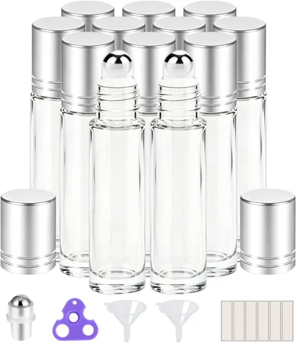 Vista 9 de PrettyCare 4 Pack 10ml Amber Glass Essential Oil Roller Bottles - Roller Ball Applicator, Leakproof Roll on Bottles, Travel Size Containers, Empty