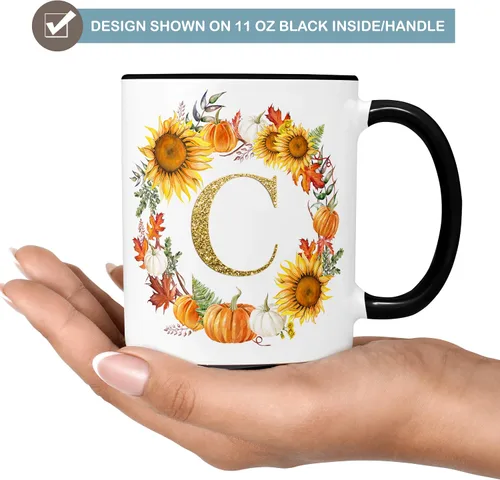 Vista 3 de Taza de café de cerámica personalizada con inicial de otoño, 11 o 15 onzas