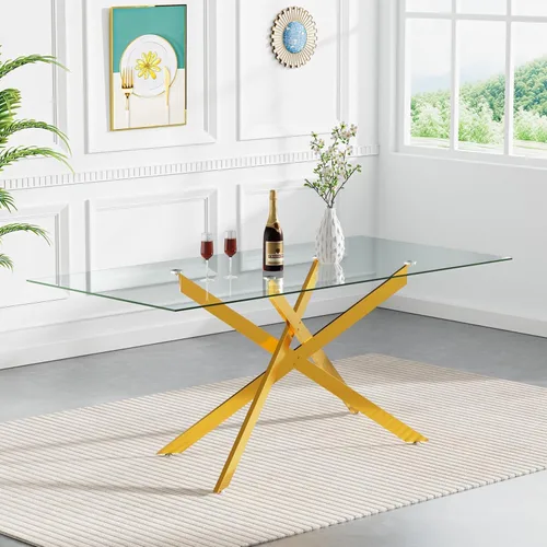 Vista 10 de Mesa de comedor cuadrada de 36 pulgadas para 2, 3, 4 personas, mesa de comedor moderna con patas de metal cromado dorado en forma de X, mesa