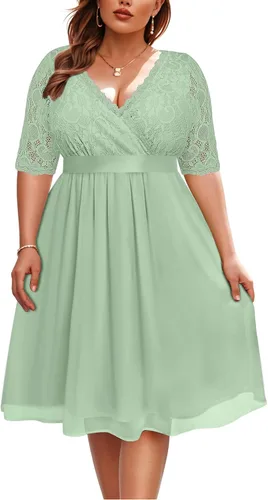 Vista 18 de Plus Size Wedding Guest Cocktail Midi Dress Lace Chiffon V Neck Wrap Negro