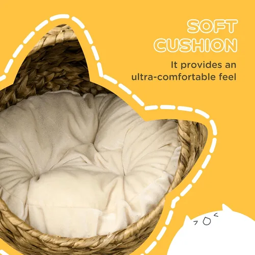 Vista 5 de PawHut Cama elevada tejida a mano para gatos con cojín suave y forma de silla de huevo, cama de cesta con soporte, casa de mimbre elevada para gatos