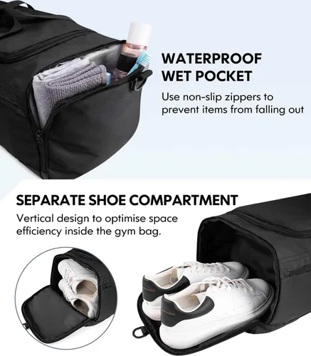 Vista 3 de Bolsas de gimnasio para hombres y mujeres, plegable, bolsa de lona deportiva, bolsa de entrenamiento, bolsas de viaje, Negro -, Bolsa de gimnasio