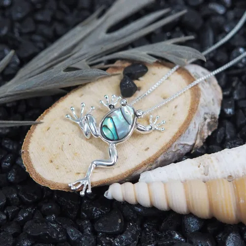 Vista 5 de Plata de ley Abalone Shell Collar con Colgante de Lucky Frog, 18+ 2" extensor