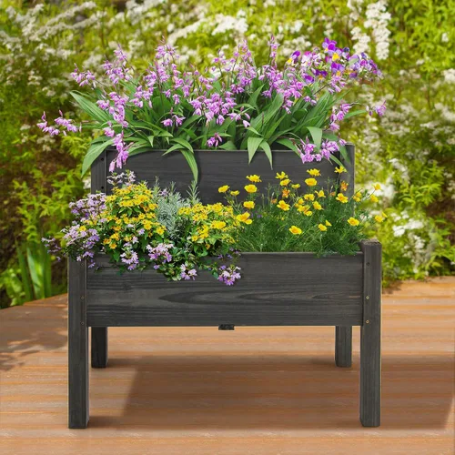 Vista 9 de RELAX4LIFE Cama de jardín elevada de 2 niveles, maceta elevada de madera de abeto con patas, 8 agujeros de drenaje, capacidad de 220 para cultivar
