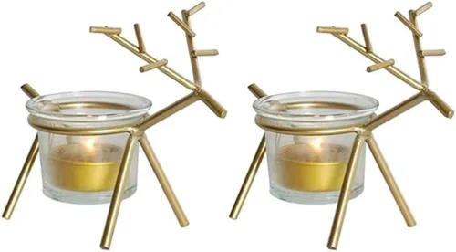 Vista 2 de Holibanna Paquete de 2 portavelas de té de reno, portavelas votivo de cristal, decoración de mesa de Navidad, centros de mesa para fiestas y comedor