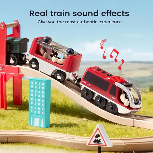 Vista 3 de Tiny Land Tren de locomotora de acción a baterías, potente juego de tren bala compatible con las principales pistas de marcas, juguetes de pista a