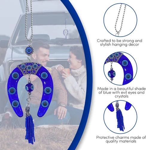Vista 3 de LUCKBOOSTIUM Adorno colgante de herradura de mal de ojo, dije azul y herradura con decoración de cristal para automóvil, espejo retrovisor, adornos