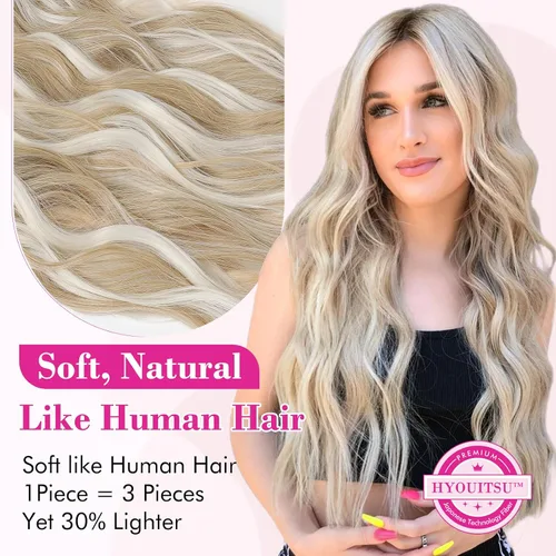 Vista 2 de REECHO Extensiones de cabello rubio, extensiones de una pieza con clip de 20" para mujer, extensiones de cabello sintético suave y natural con ondas