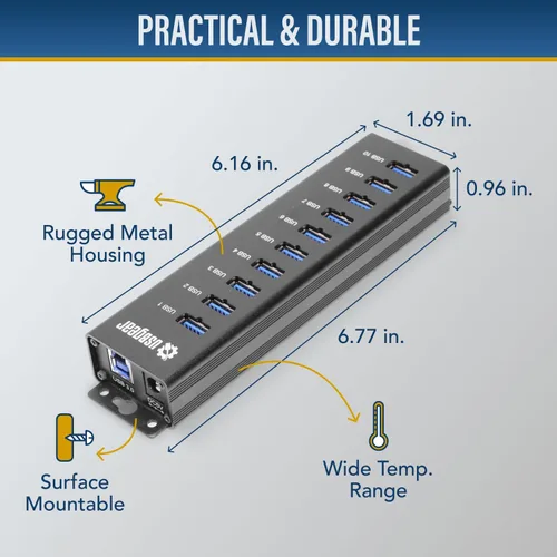 Vista 3 de USBGear Concentrador USB de 10 puertos 3.2 Gen 1 – Concentrador de datos supervelocidad montable con puertos USB para laptop, PC, escritorio y más