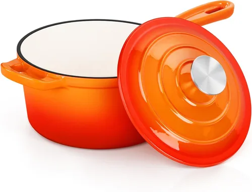 Vista 22 de E-far Sartén de hierro fundido esmaltado con tapa, cacerola de horno holandés de 1 cuarto de galón, mini olla para cocinar, hervir, saludable