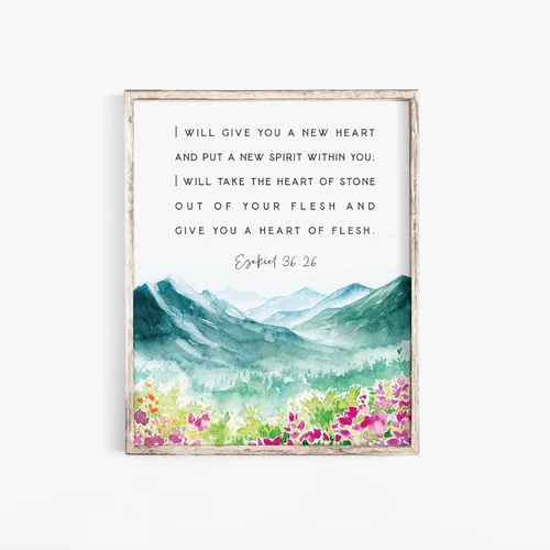 Vista 2 de Ezequiel 36:26 Te daré un nuevo corazón y pondré un nuevo espíritu en ti, versículo bíblico, arte de pared, oración, escritura, bautismo, signo