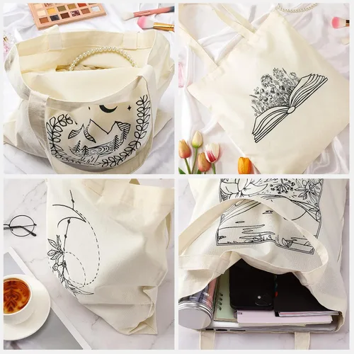 Vista 5 de Reginary 4 bolsas de lona para mujer, bolsas de lona para compras, estéticas, reutilizables, para comestibles, regalos (artístico)