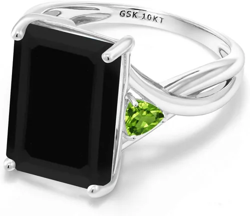 Vista 3 de Gem Stone King 7.12 Ct Emerald Cut Black Onyx Green Peridot 10K White Gold 3 Stone Women Ring