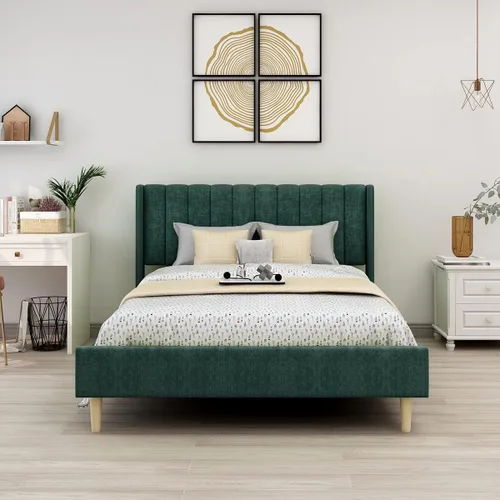 Vista 15 de Upholstered Bed Frame with Wingback Headboard and Wood Slats (Beige-Linen, Twin)
