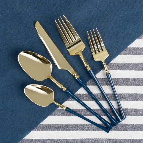 Vista 2 de Blue Sky Infinity Flatware - Cucharas de sopa doradas y azul marino, 20 unidades, lujosos cubiertos de plástico desechables para fiestas y eventos
