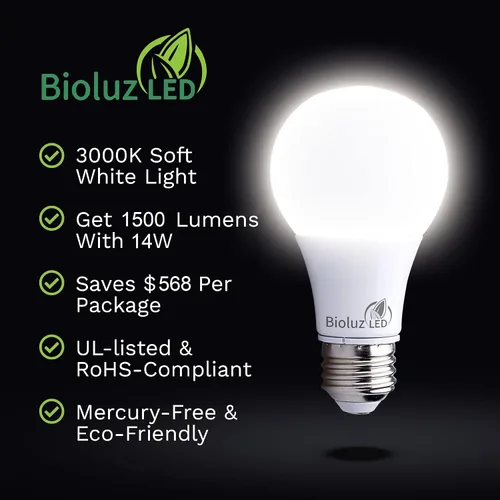 Vista 3 de Bioluz LED Bombillas LED regulables de 100 W, blanco suave 3000 K, bombilla LED A19 de 1500 lúmenes, paquete de 4 Blanco (Soft White 3000K)