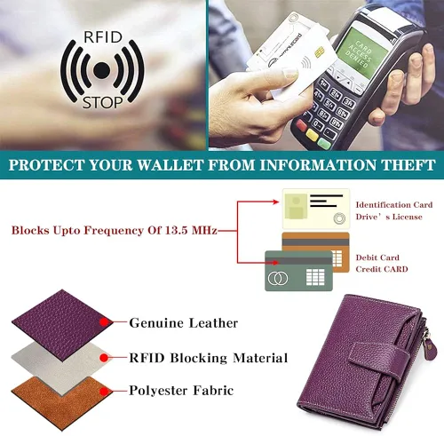 Vista 6 de FALAN MULE - Cartera de cuero auténtico para mujer pequeña plegable compacta con interferencia de radiofrecuencia RFID