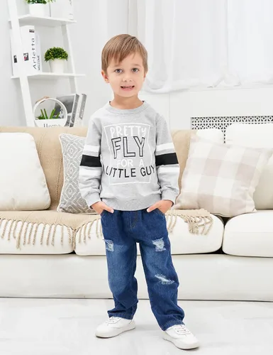Vista 2 de oklady Ropa para niño pequeño, sudadera de manga larga con letras y pantalones de mezclilla rasgados, trajes de otoño e invierno para niños, 2-6T