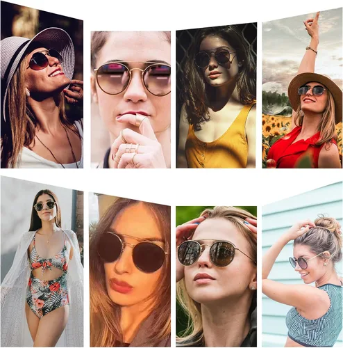 Vista 6 de Sumato Lentes de sol redondos retro de doble puente para mujeres y hombres, doble vigas circulares UV400 Sunnies Tortoise con lente verde, Tortuga