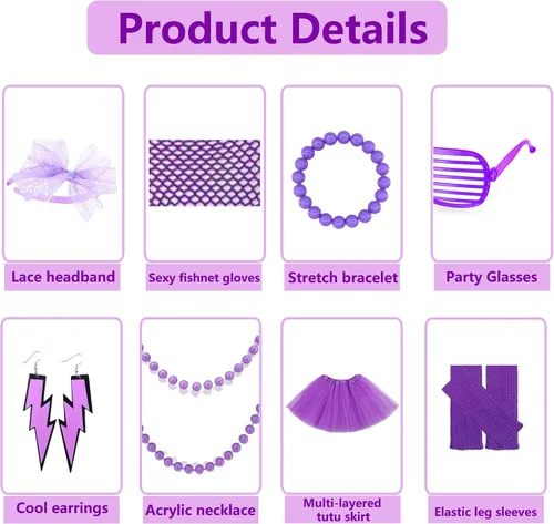 Vista 3 de YMO Accesorios de los años 80 para mujer, accesorios de neón de los años 80, juego de disfraz de Halloween para mujer