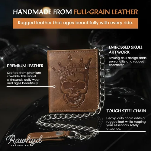 Vista 2 de RAW HYD Cartera de cuero triple Cartera vintage de calavera para hombre Bolso resistente con cadena de acero Carteras duraderas para hombre