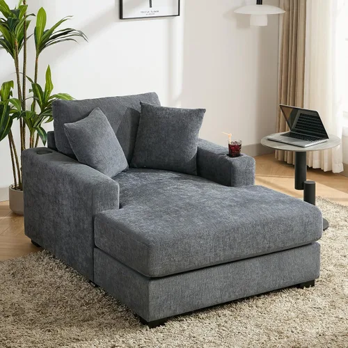 Vista 8 de Moderno sofá doble Chaise Longue con reposabrazos y respaldos irregulares, reposapiés con espacio de almacenamiento, sofá cama para sala de estar