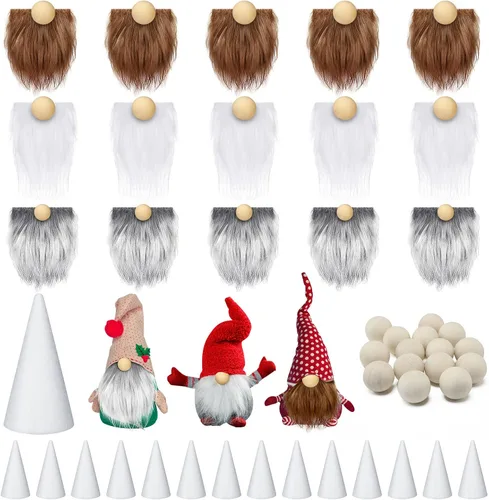 Vista 9 de 60 piezas de conjuntos de barba de gnomo, barba de gnomo de piel sintética precortada, cono de espuma, espuma hecha a mano, bolas de madera