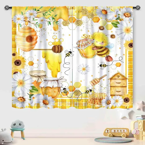 Vista 4 de Cortinas infantiles de abejas, cortinas de campo de primavera de acuarela de girasoles florales de nido de abeja, adorables abejas, cortinas