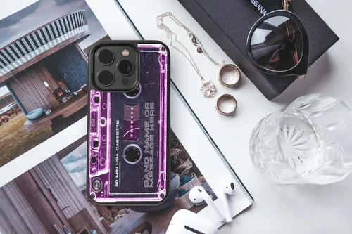 Vista 8 de Funda de teléfono de goma negra personalizada en rosa claro con diseño de cinta de cassette para Apple iPhone 17 Pro Max Air, 16 Pro Max Plus, 15