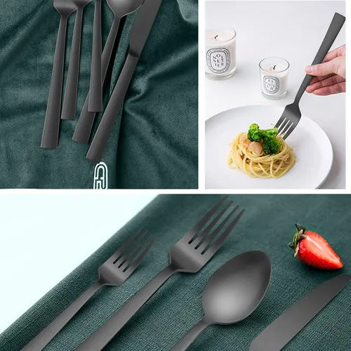 Vista 4 de HaWare Juego de 40 cubiertos cuadrados de acero inoxidable para 8, modernos utensilios de cocina para el hogar, acabado mate, aptos para lavavajillas
