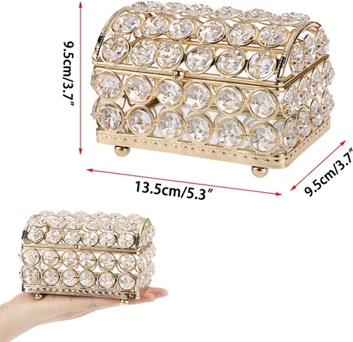 Vista 2 de ELLDOO Joyero de cristal, caja organizadora de aretes, anillos, decoración del hogar, caja decorativa con tapa, regalo dorado para San Valentín
