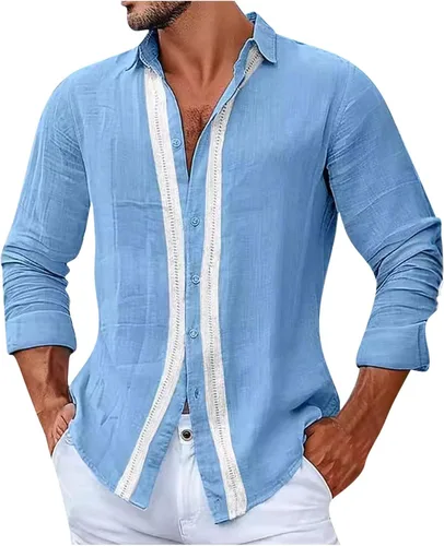 Vista 2 de Mens Cuban Guayabera Shirts Long Sleeve Casual Cotton Linen Shirts Button Down Untucked Shirt Summer Beach Yoga Tops