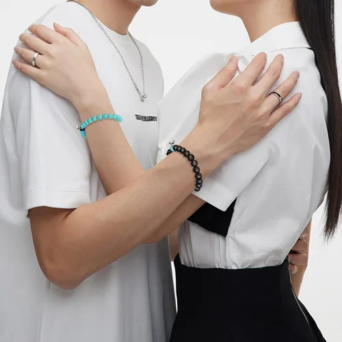 Vista 30 de 2 pulseras magnéticas para parejas, piedra natural negra mate, cristal para votos de amor eterno, juego de pulseras de cuentas de piedra de energía