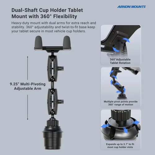 Vista 3 de ARKON Mounts - Soporte para tablet de agarre delgado con soporte doble robusto para taza de automóvil, soporte universal para tableta, soporte