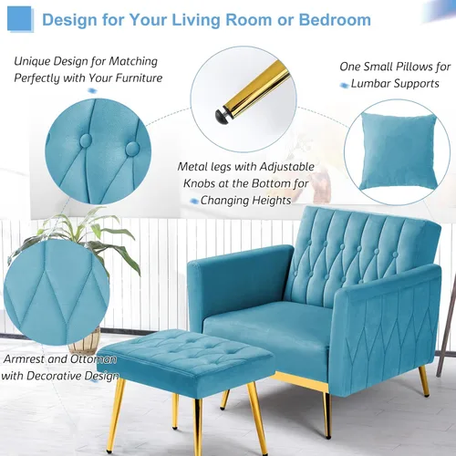 Vista 4 de 2 Pieces Velvet Chairs w/Adjustable Backrest & Ottoman, Baby Blue Azul bebé
