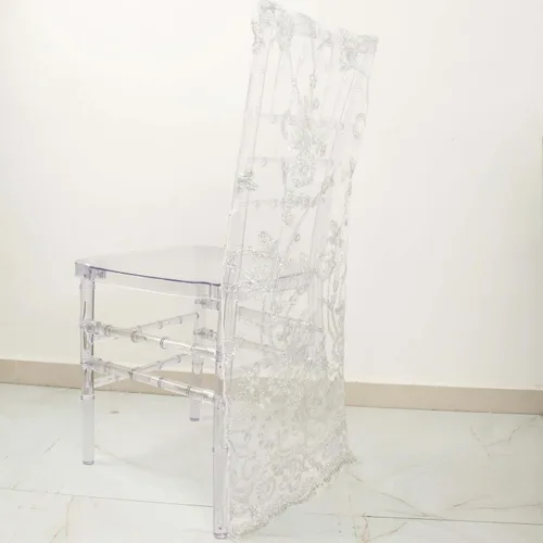 Vista 4 de Efavormart Funda de encaje bordada con lentejuelas florales de organza blanca, cubierta de encaje para silla de boda