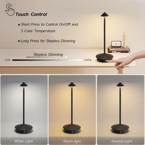 Vista 5 de Paquete de 2 lámparas de mesa inalámbricas de aluminio, lámparas de mesa recargables de 6000 mAh, lámpara LED táctil portátil, lámparas de mesa Negro